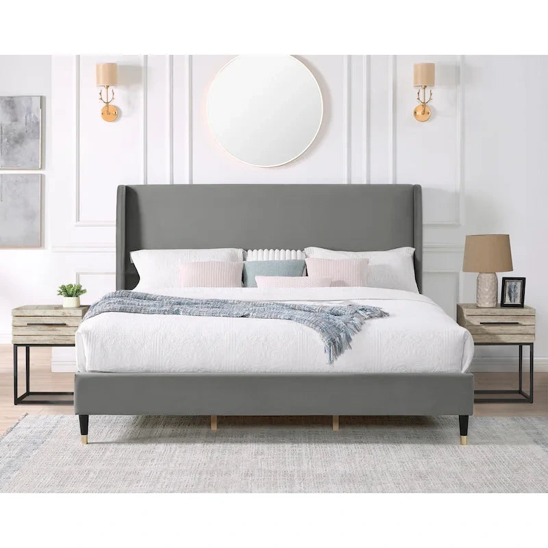 Lit plateforme gris King Size avec tête de lit capitonnée en velours
