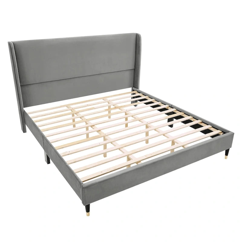 Lit plateforme gris King Size avec tête de lit capitonnée en velours