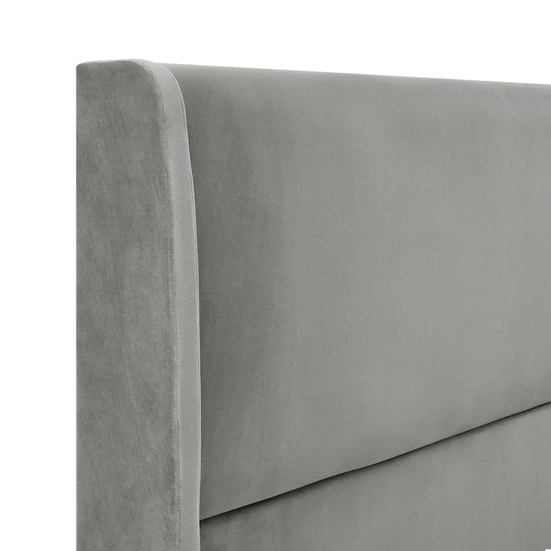 Lit plateforme gris King Size avec tête de lit capitonnée en velours