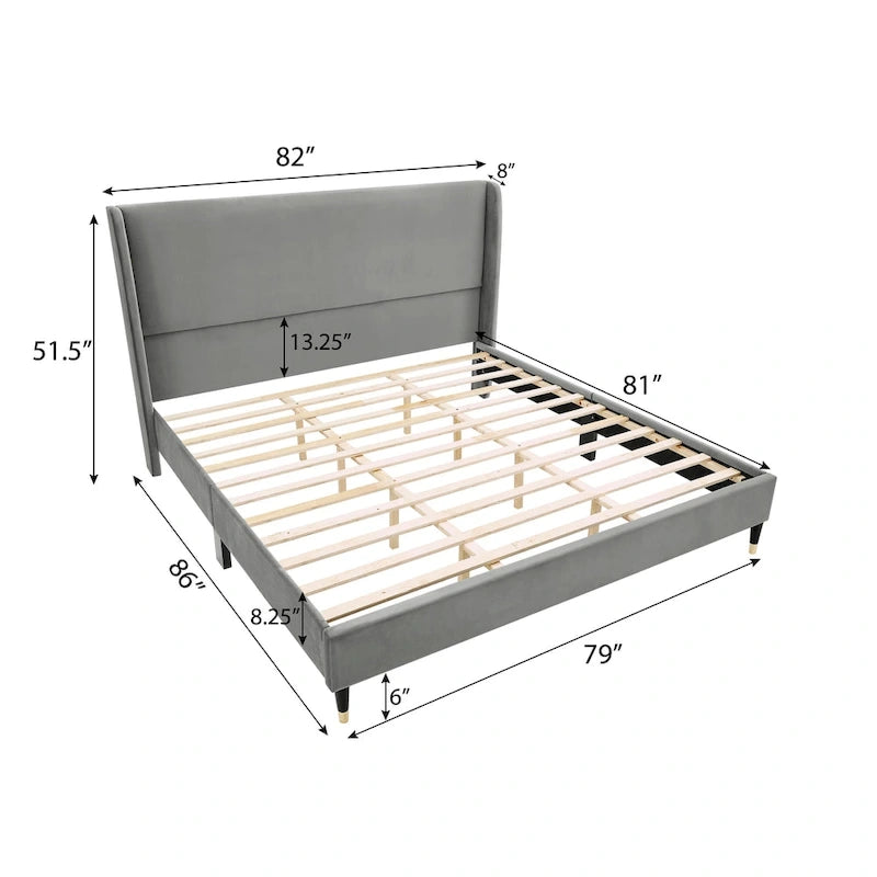 Lit plateforme gris King Size avec tête de lit capitonnée en velours