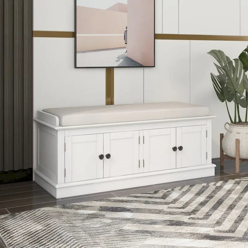 Banc de rangement avec 4 portes, étagères réglables et coussin amovible