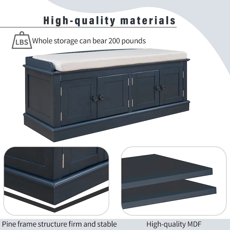 Banc de rangement avec 4 portes, étagères réglables et coussin amovible