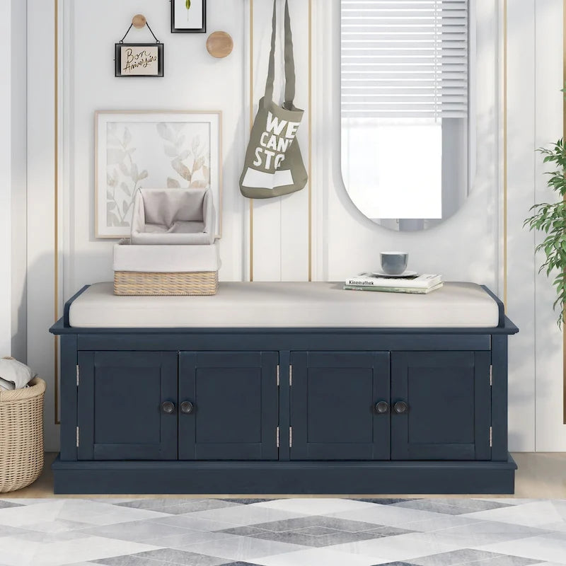 Banc de rangement avec 4 portes, étagères réglables et coussin amovible
