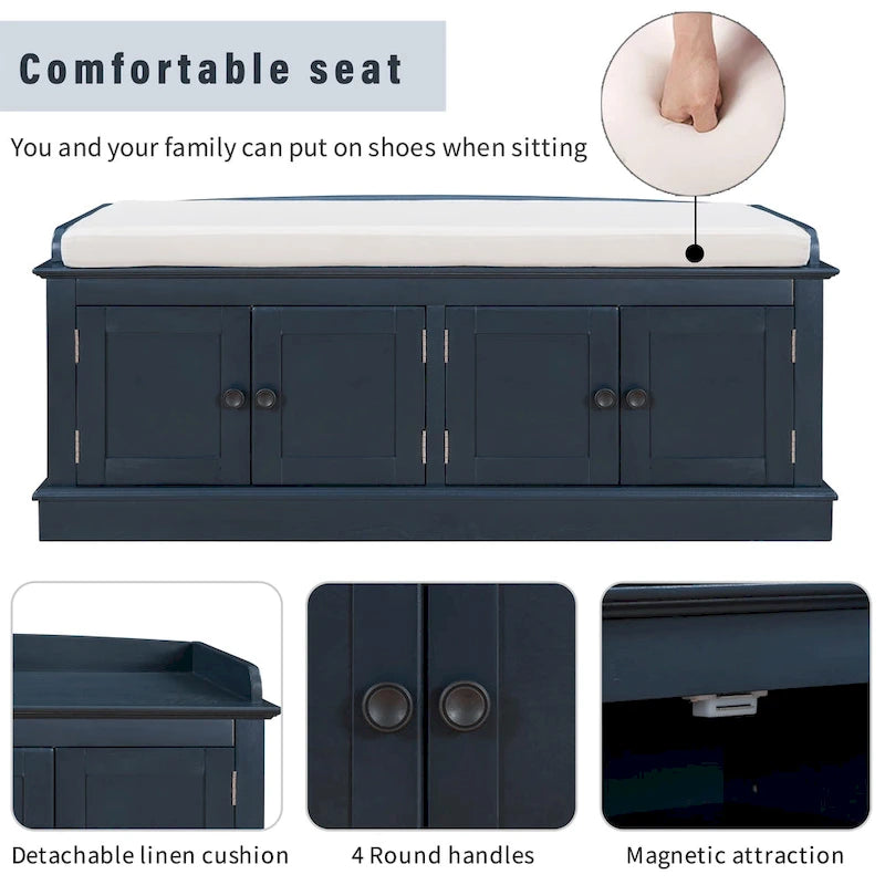 Banc de rangement avec 4 portes, étagères réglables et coussin amovible