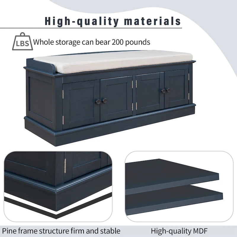 Banc de rangement avec 4 portes, étagères réglables et coussin amovible
