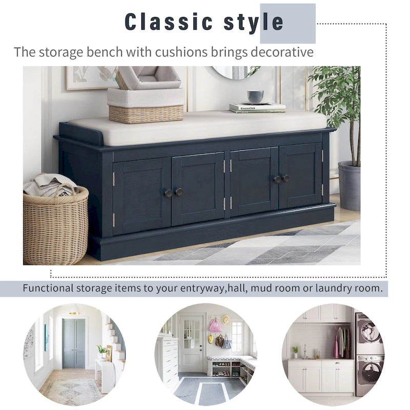 Banc de rangement avec 4 portes, étagères réglables et coussin amovible