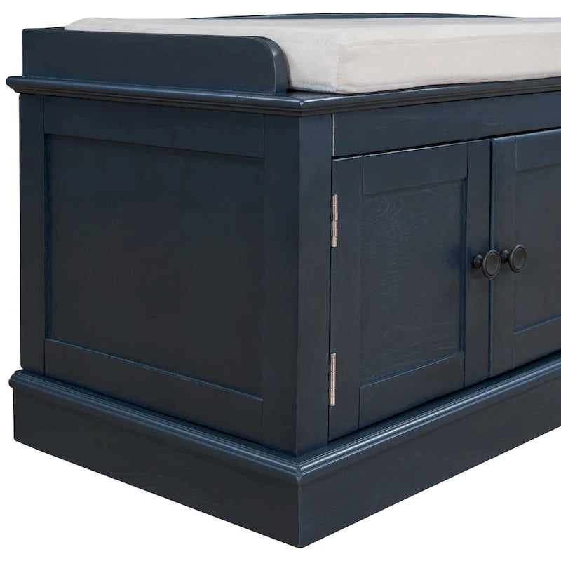 Banc de rangement avec 4 portes, étagères réglables et coussin amovible