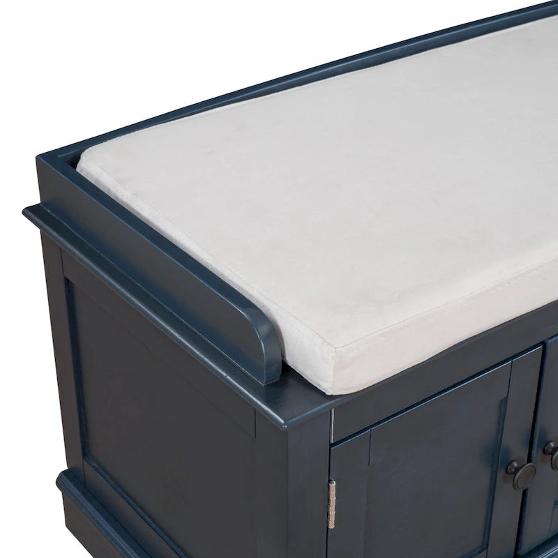 Banc de rangement avec 4 portes, étagères réglables et coussin amovible