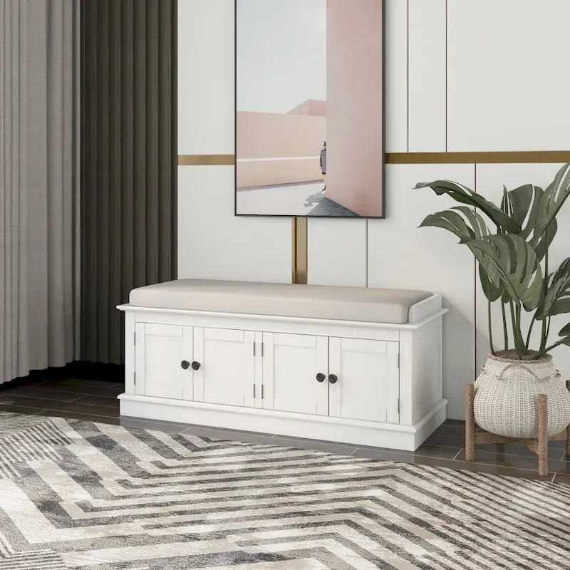 Banc de rangement avec 4 portes, étagères réglables et coussin amovible