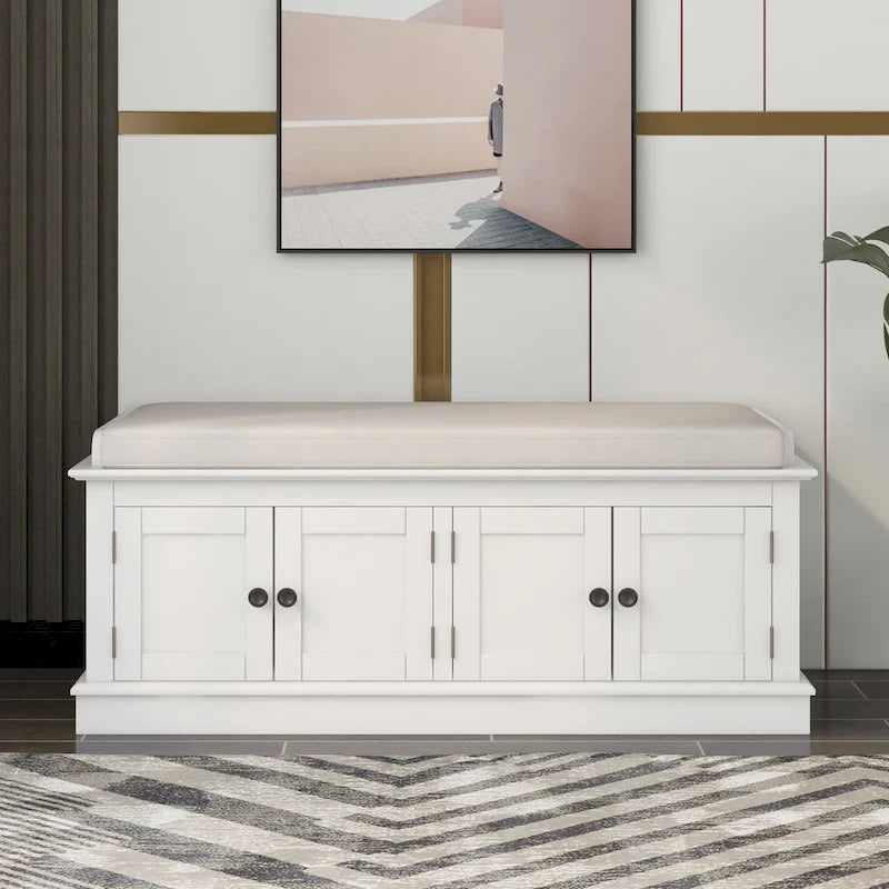 Banc de rangement avec 4 portes, étagères réglables et coussin amovible