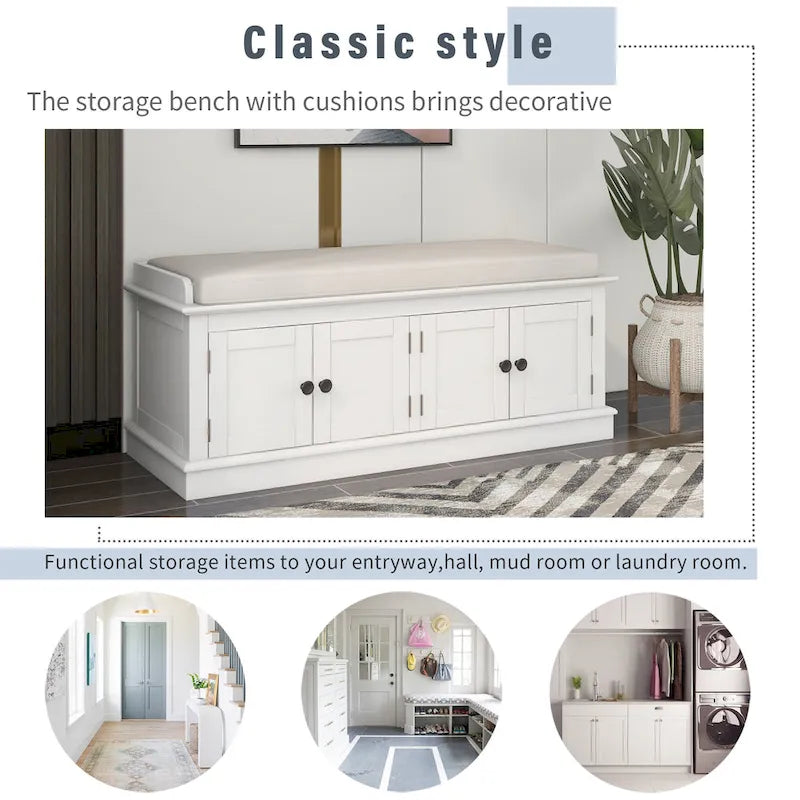 Banc de rangement avec 4 portes, étagères réglables et coussin amovible