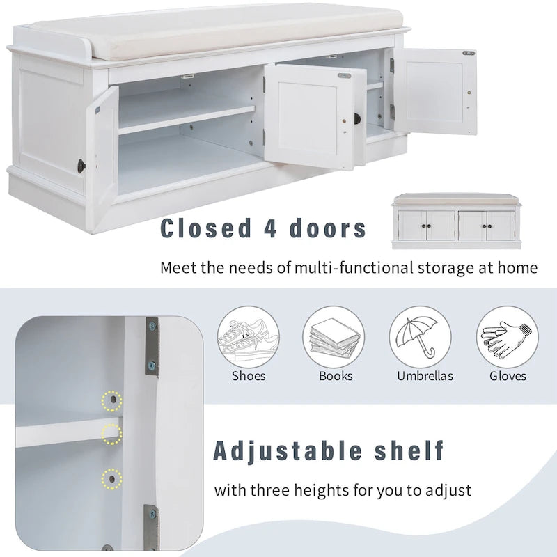 Banc de rangement avec 4 portes, étagères réglables et coussin amovible