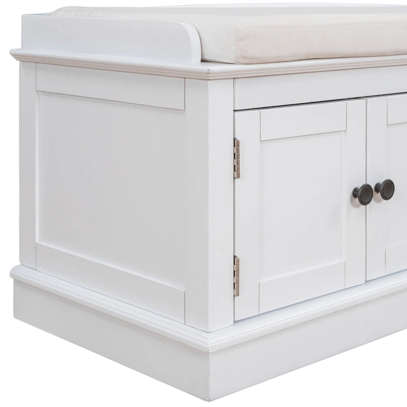 Banc de rangement avec 4 portes, étagères réglables et coussin amovible