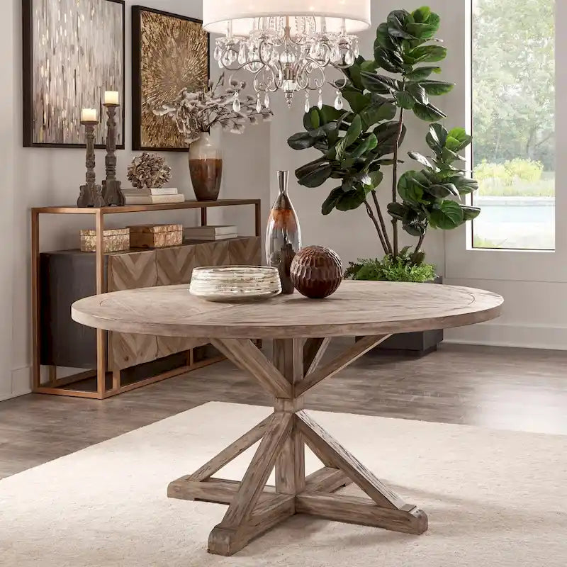 Table de salle à manger ronde en pin rustique avec base en X