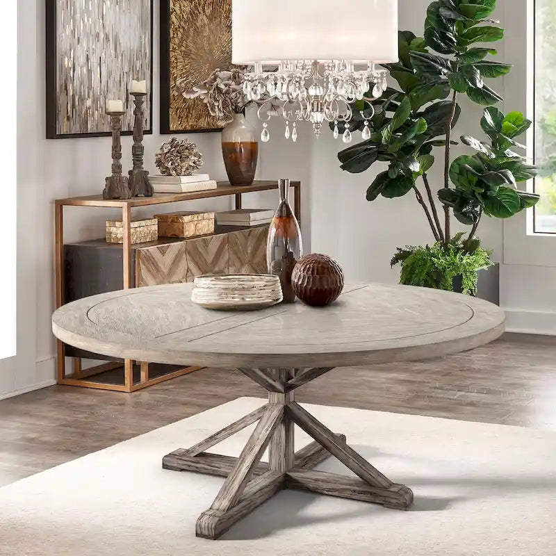Table de salle à manger ronde en pin rustique avec base en X