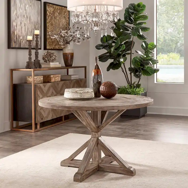 Table de salle à manger ronde en pin rustique avec base en X