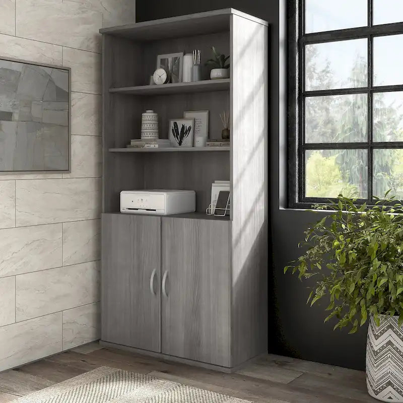 Bibliothèque haute à 5 étagères avec portes d'armoire