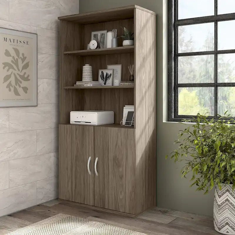 Bibliothèque haute à 5 étagères avec portes d'armoire