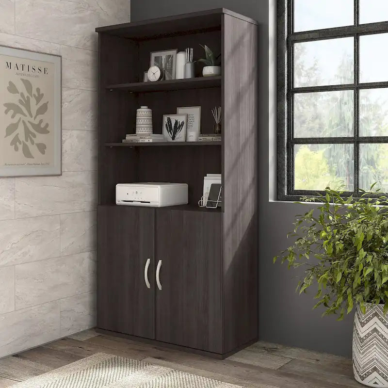Bibliothèque haute à 5 étagères avec portes d'armoire