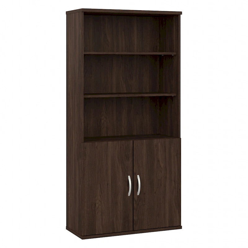 Bibliothèque haute à 5 étagères avec portes d'armoire