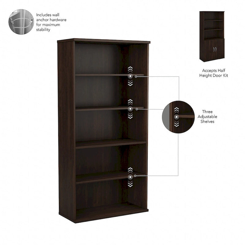 Bibliothèque haute à 5 étagères avec portes d'armoire