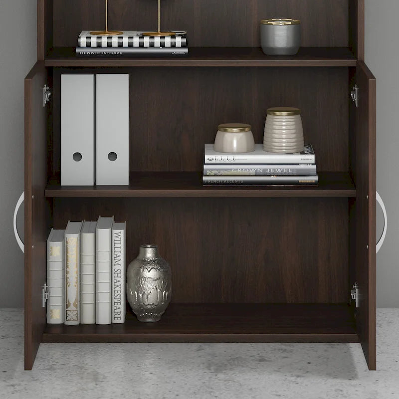 Bibliothèque haute à 5 étagères avec portes d'armoire