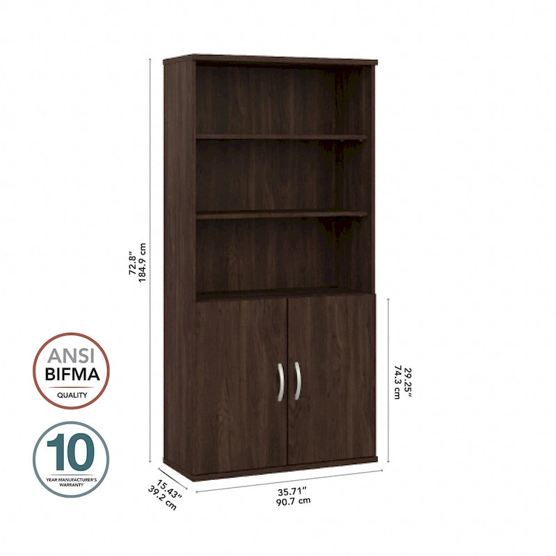 Bibliothèque haute à 5 étagères avec portes d'armoire