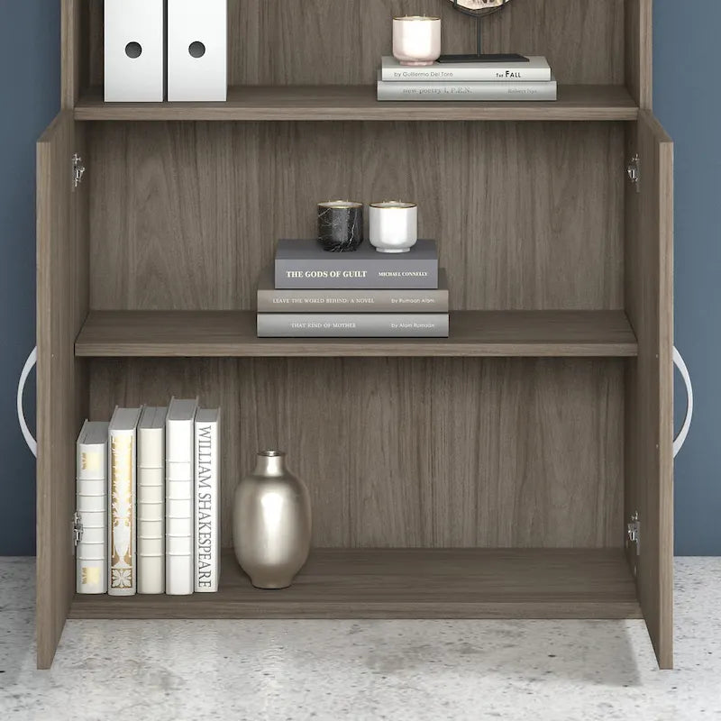 Bibliothèque haute à 5 étagères avec portes d'armoire