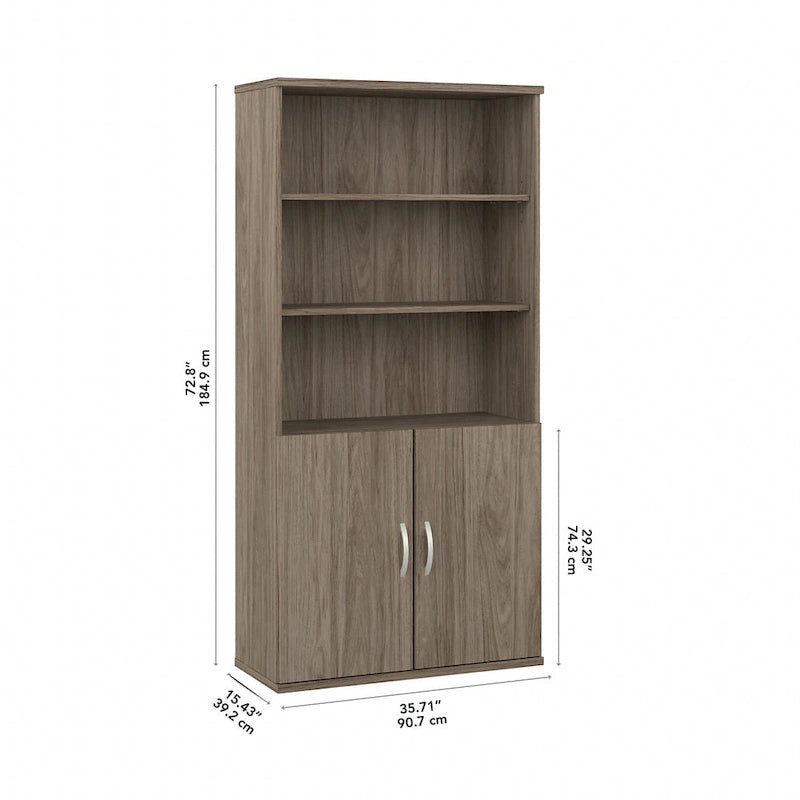 Bibliothèque haute à 5 étagères avec portes d'armoire