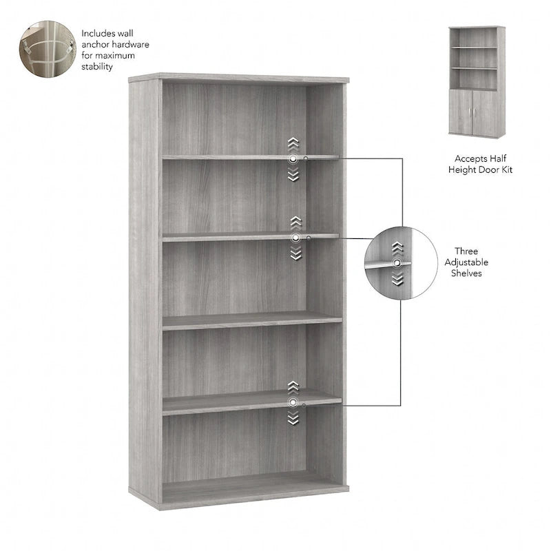 Bibliothèque haute à 5 étagères avec portes d'armoire
