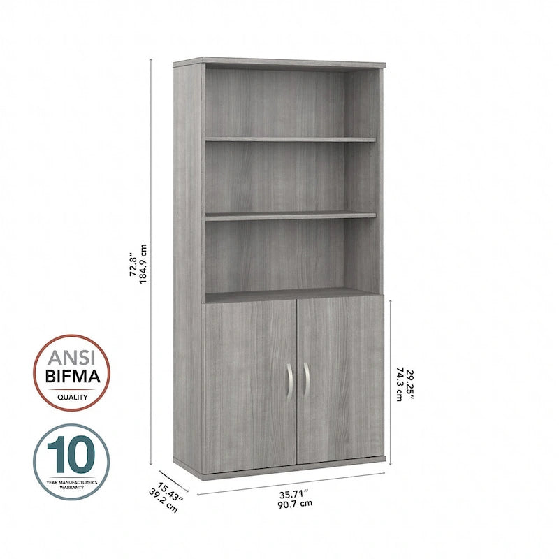 Bibliothèque haute à 5 étagères avec portes d'armoire