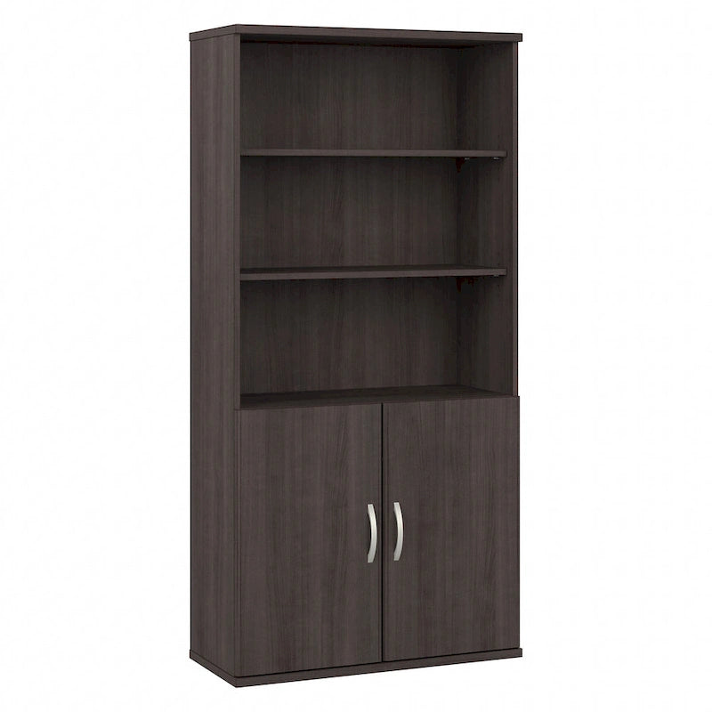 Bibliothèque haute à 5 étagères avec portes d'armoire