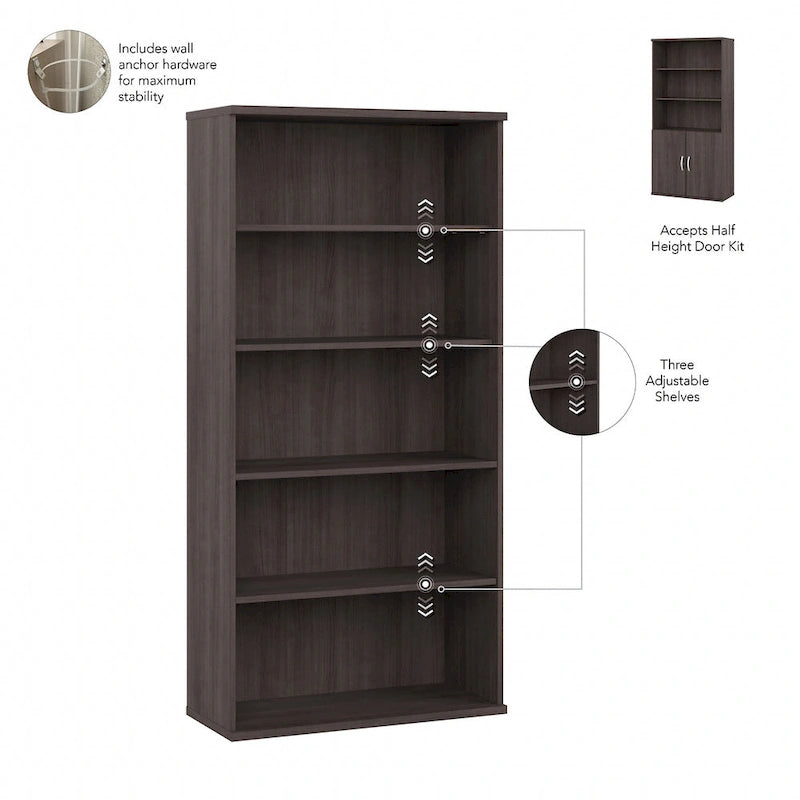 Bibliothèque haute à 5 étagères avec portes d'armoire