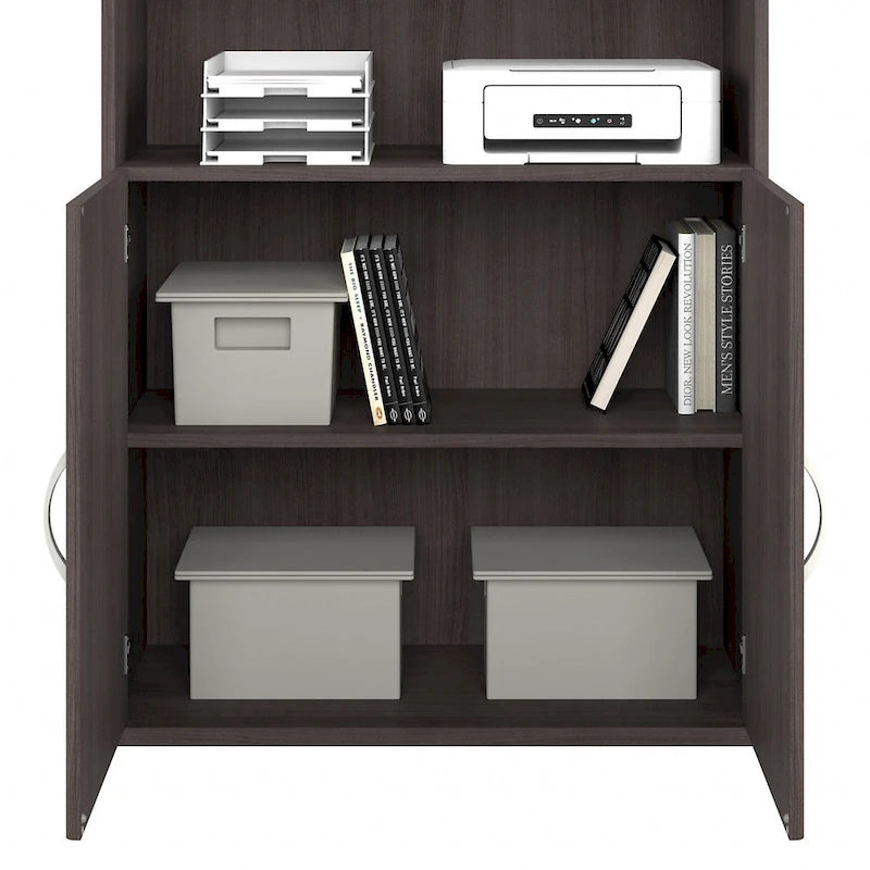 Bibliothèque haute à 5 étagères avec portes d'armoire