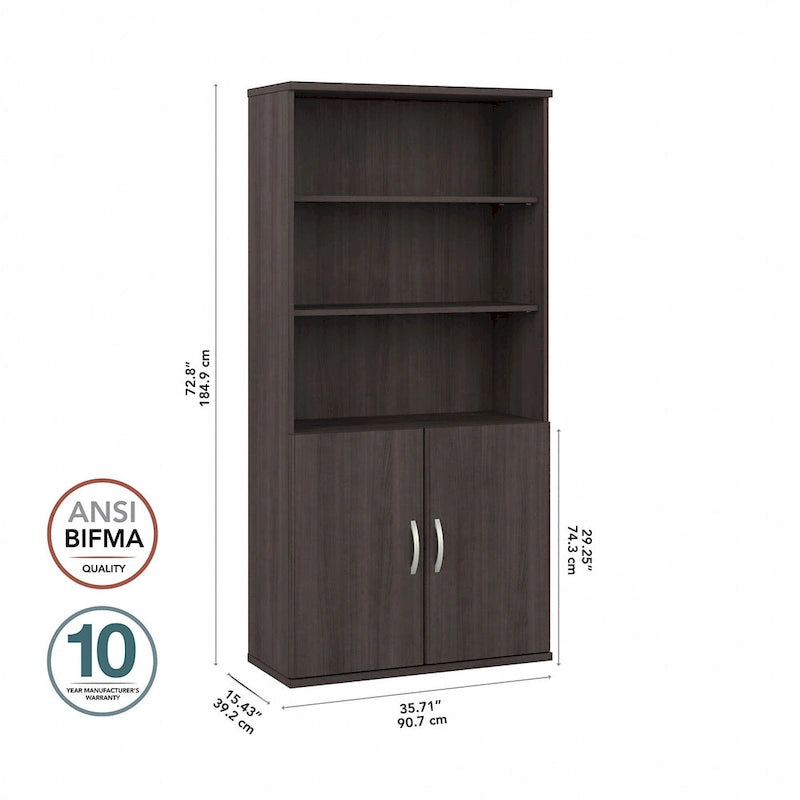 Bibliothèque haute à 5 étagères avec portes d'armoire
