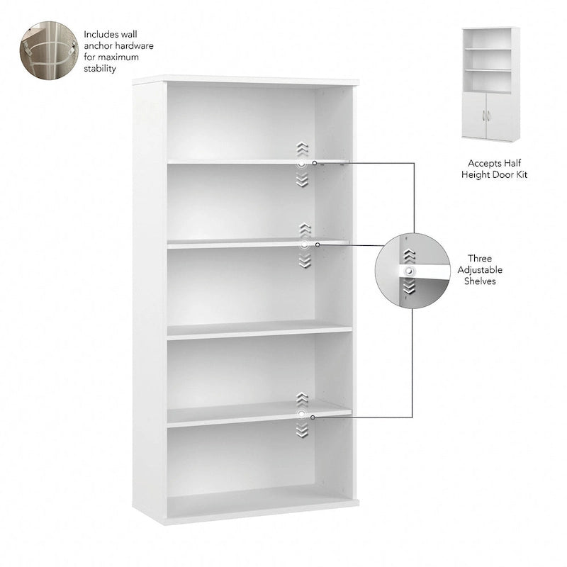 Bibliothèque haute à 5 étagères avec portes d'armoire