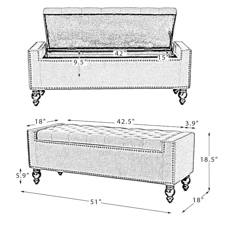 Banc de rangement capitonné classique avec garnitures cloutées