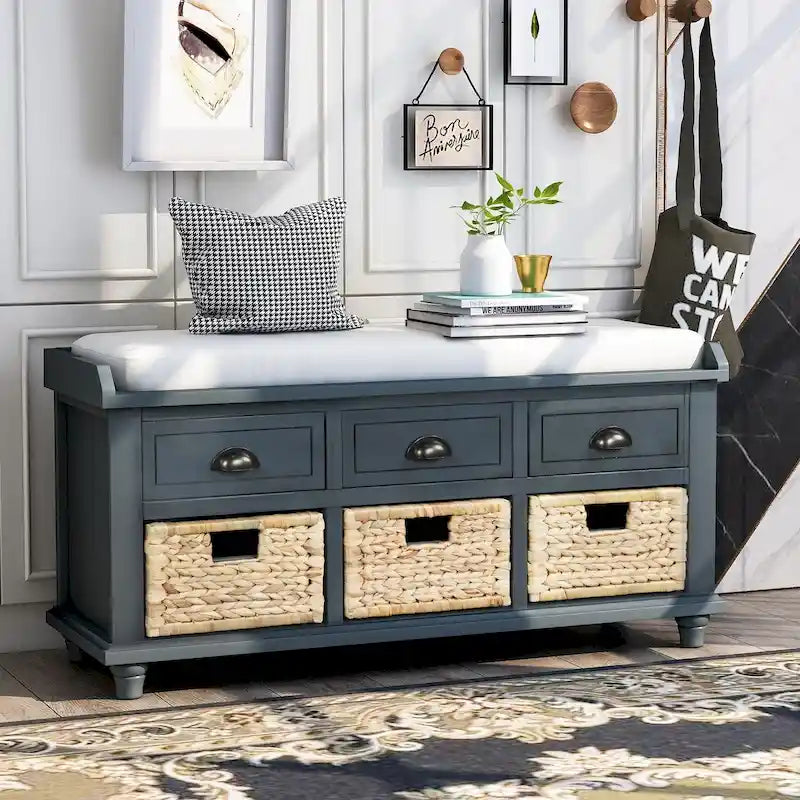 Banc de rangement avec 3 tiroirs et 3 paniers en rotin pour entrée et salon