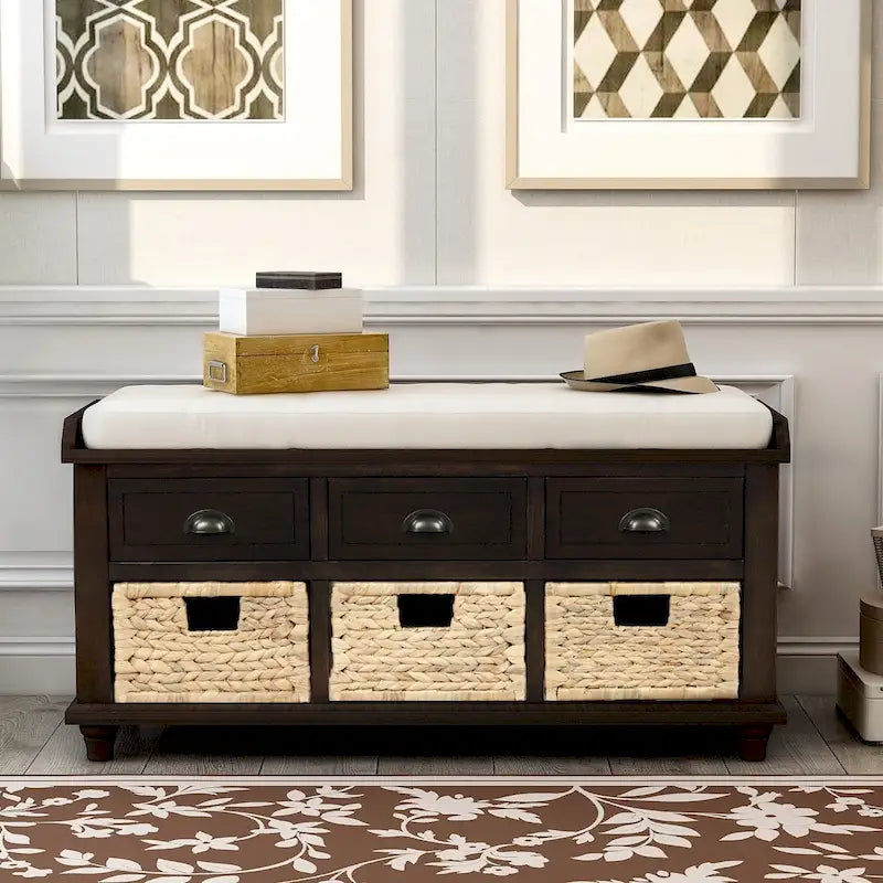 Banc de rangement avec 3 tiroirs et 3 paniers en rotin pour entrée et salon