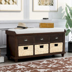 Rustic Storage Bench with 3 Drawers and 3 Rattan Baskets, Shoe Bench for Living Room, Entryway