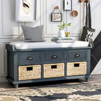 Banc de rangement avec 3 tiroirs et 3 paniers en rotin pour entrée et salon