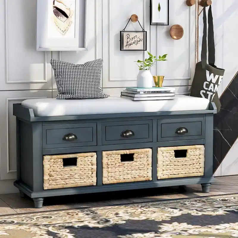 Banc de rangement avec 3 tiroirs et 3 paniers en rotin pour entrée et salon