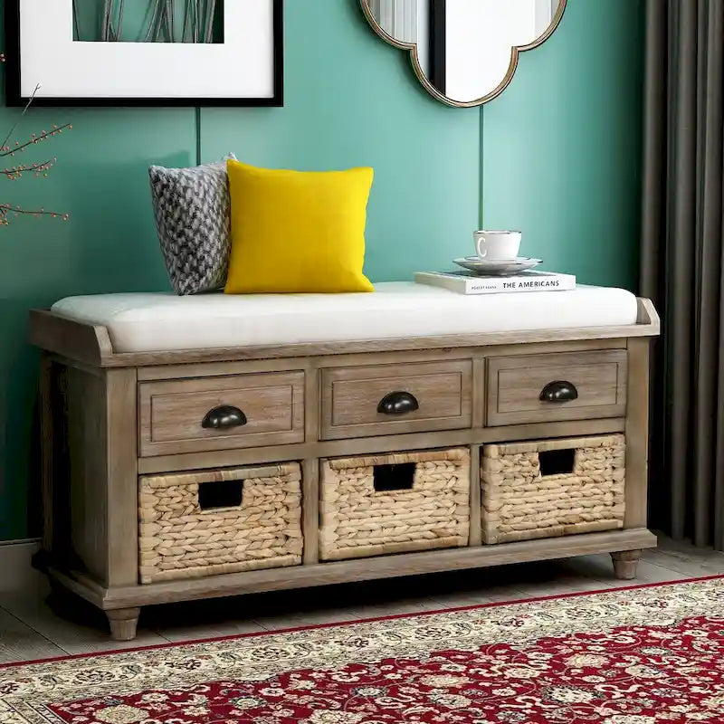 Banc de rangement avec 3 tiroirs et 3 paniers en rotin pour entrée et salon