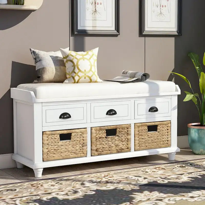 Banc de rangement avec 3 tiroirs et 3 paniers en rotin pour entrée et salon
