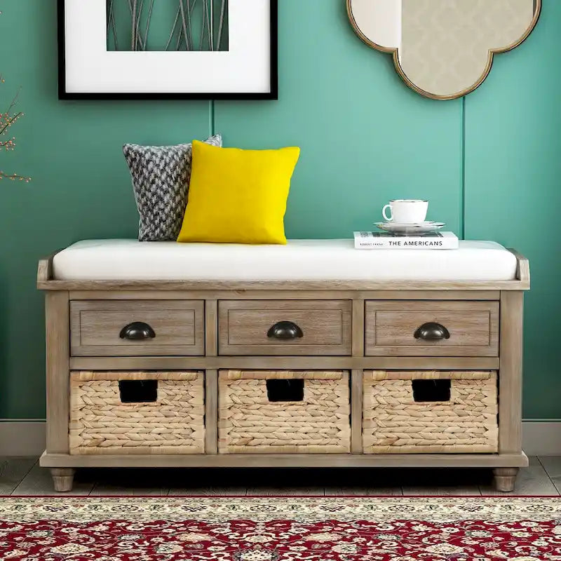 Banc de rangement avec 3 tiroirs et 3 paniers en rotin pour entrée et salon