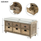 Banc de rangement avec 3 tiroirs et 3 paniers en rotin pour entrée et salon