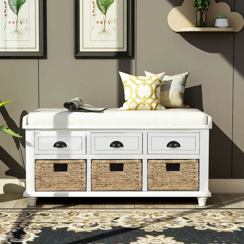 Banc de rangement avec 3 tiroirs et 3 paniers en rotin pour entrée et salon