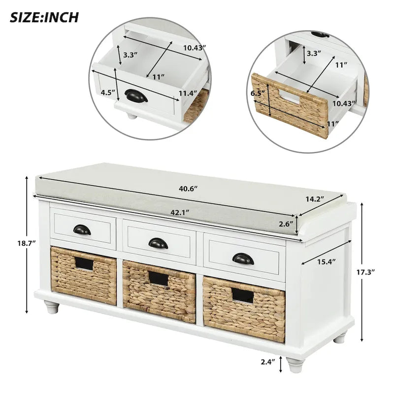 Banc de rangement avec 3 tiroirs et 3 paniers en rotin pour entrée et salon