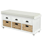 Banc de rangement avec 3 tiroirs et 3 paniers en rotin pour entrée et salon
