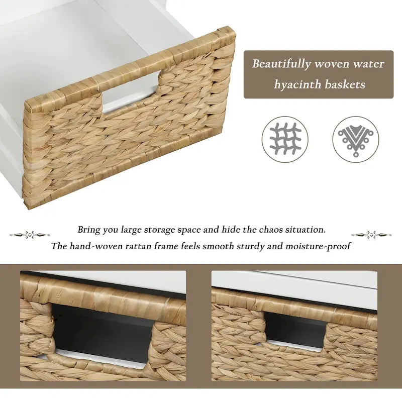 Banc de rangement avec 3 tiroirs et 3 paniers en rotin pour entrée et salon